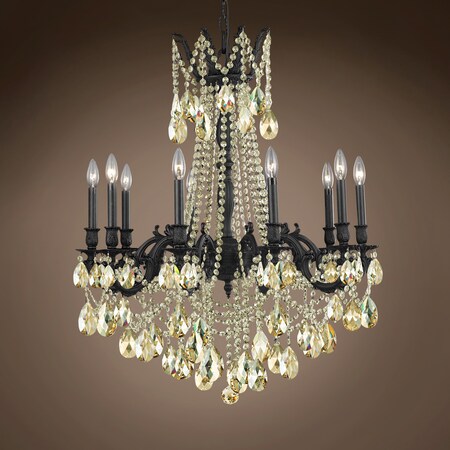 Traditional Versailles 10 Light 28" Crystal Chandelier, Dark Bronze Frame with Golden Teak European Tear Drop Crystals, Hanging Ceiling Light